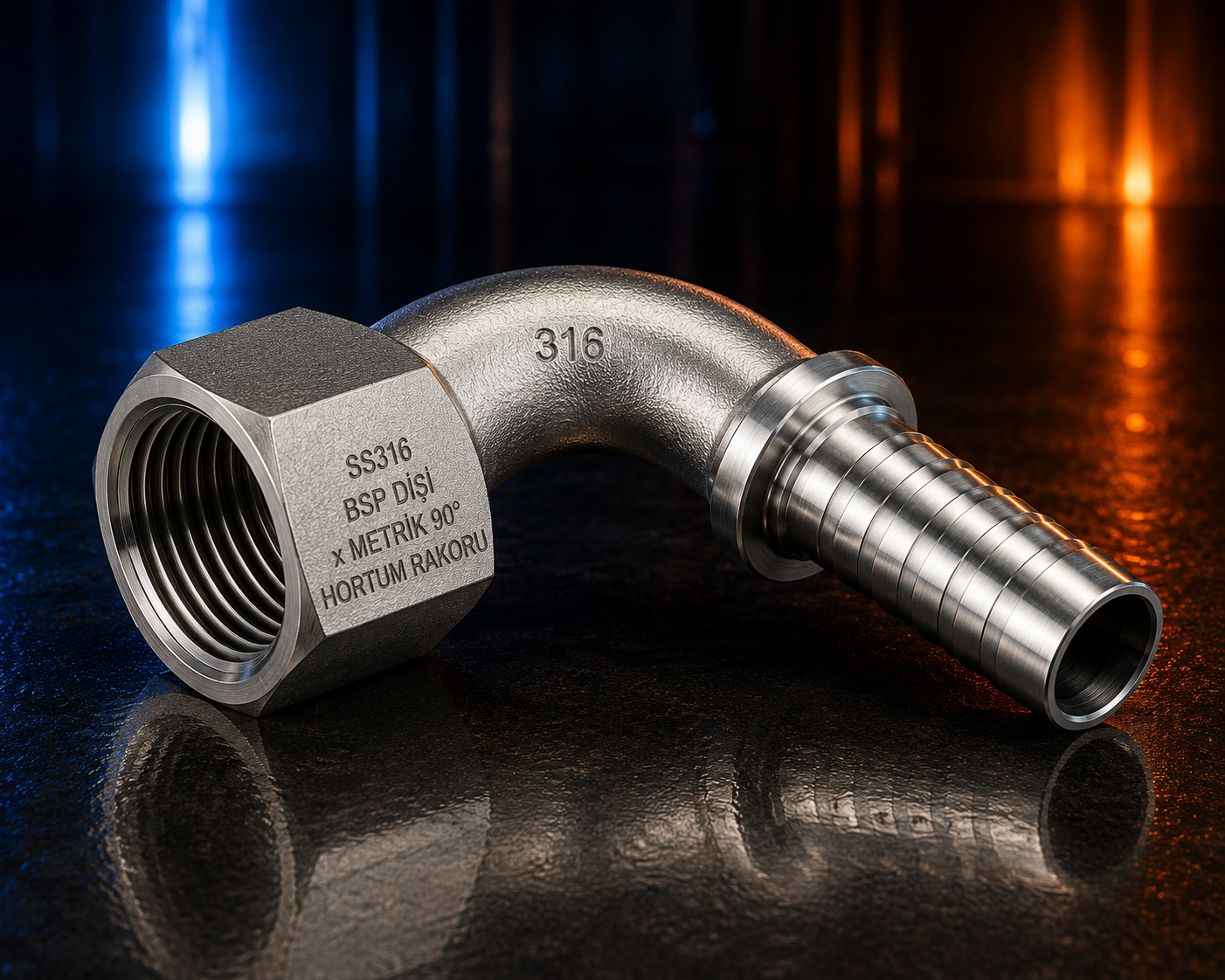 Gümüşhane hazır stok BSP Dişi x Metrik 90° Hortum Rakoru SS316